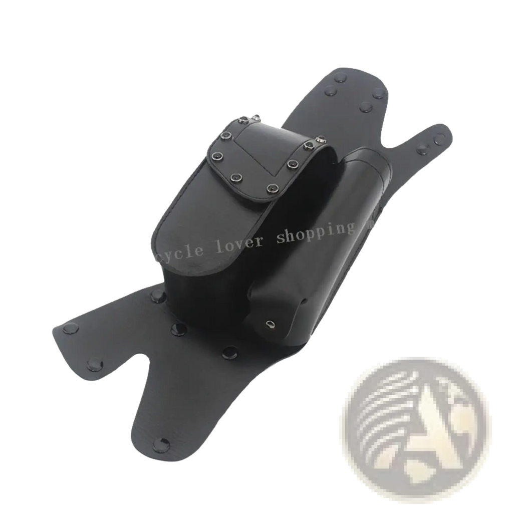 Black leather harley touring saddlebag guard bag with silver rivet flap and cylindrical compartment visible from back side