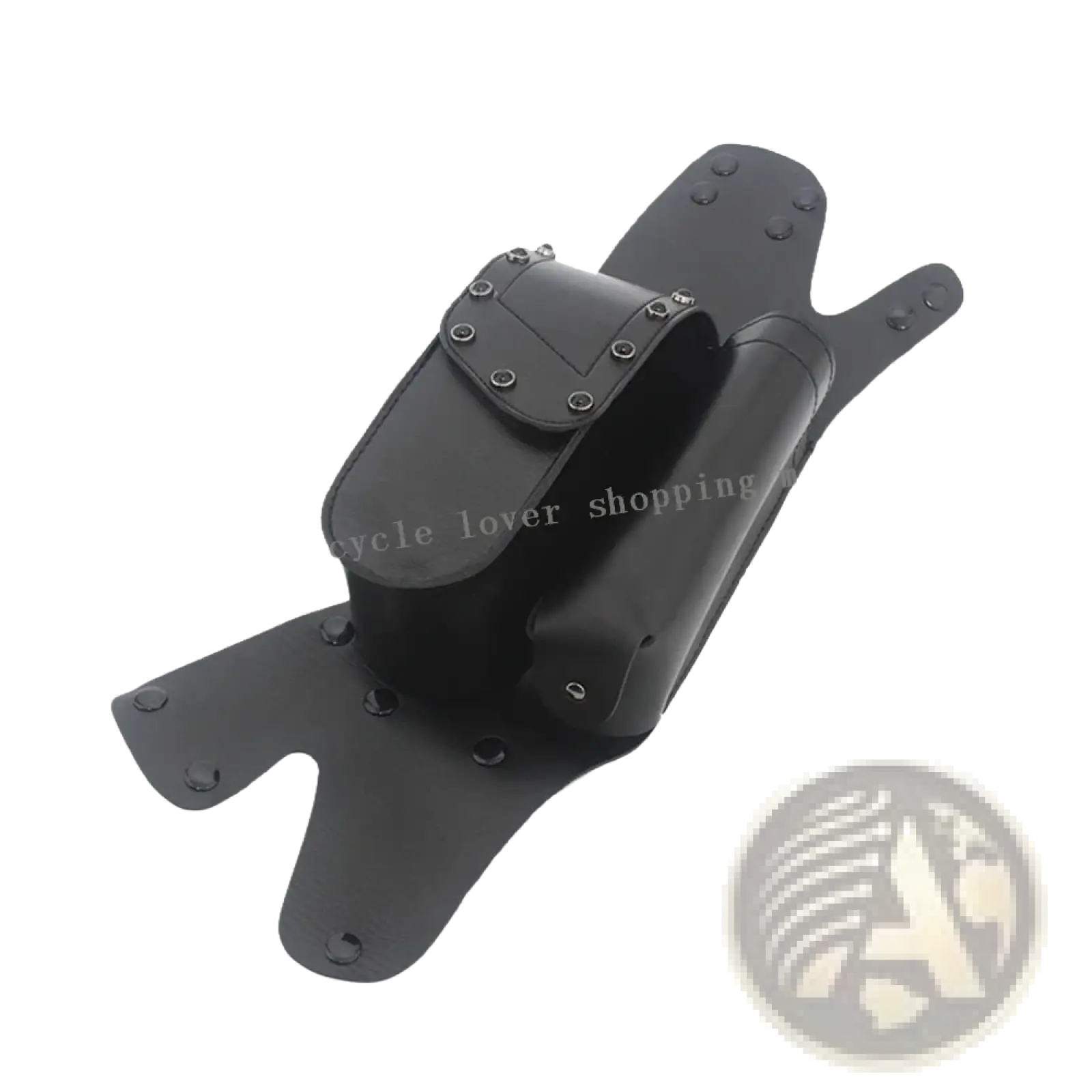 Black leather harley touring saddlebag guard bag with silver rivet flap and cylindrical compartment visible from back side