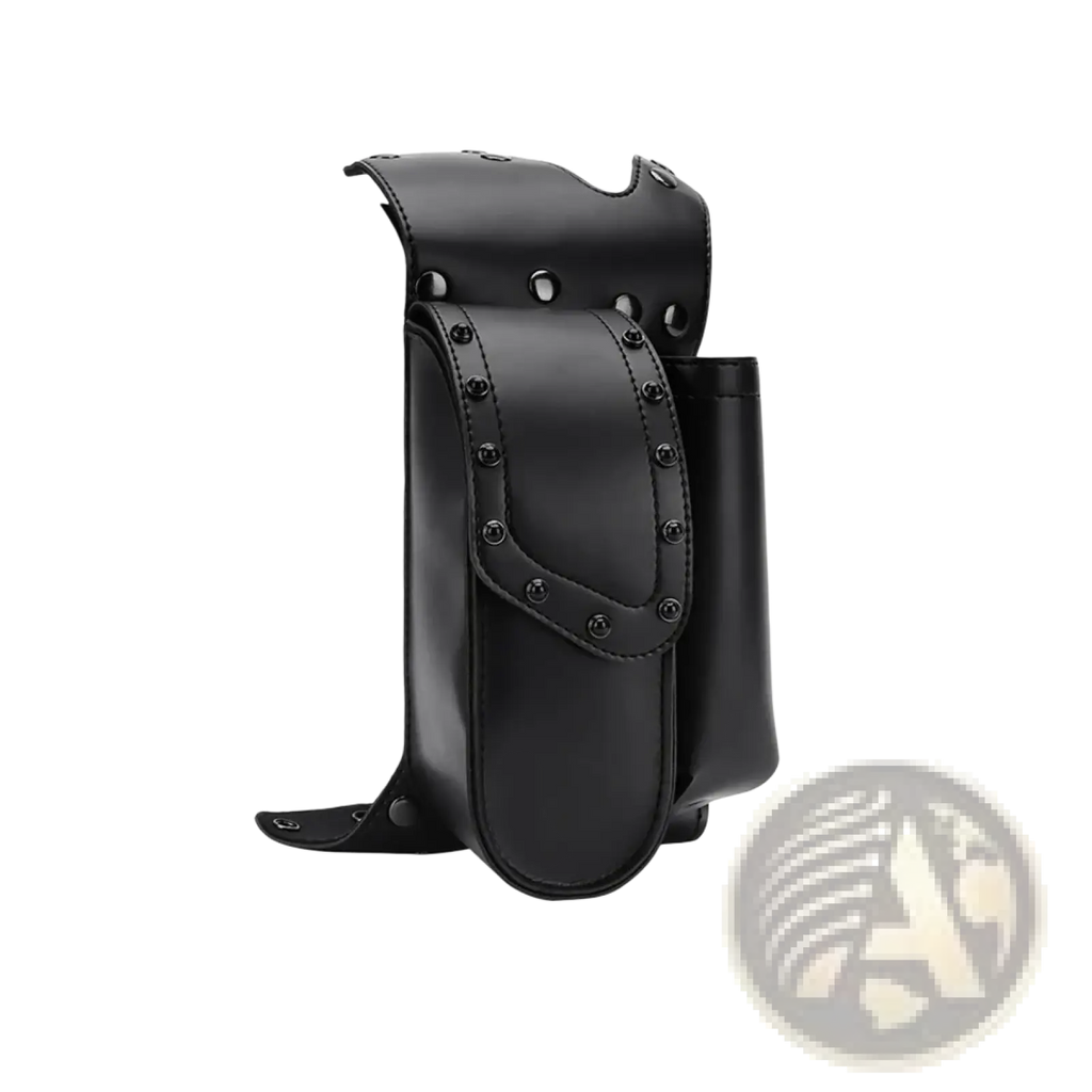 Black leather harley touring saddlebag guard bag with riveted flap and cylindrical compartment made of pu leather