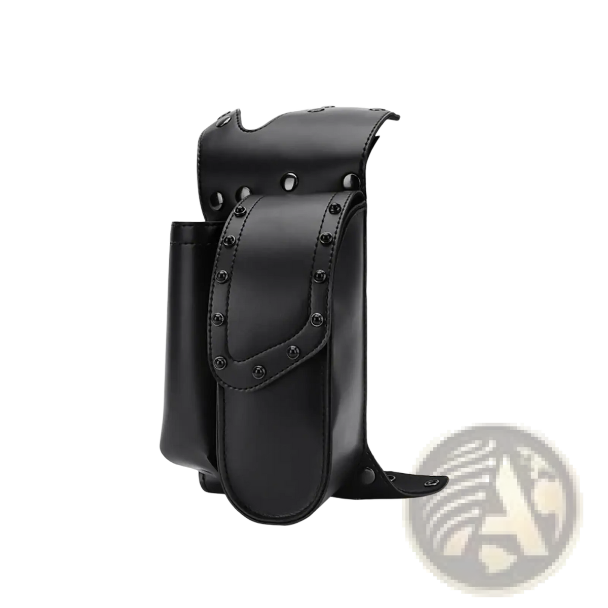 Black leather Harley touring saddlebag guard bag with rivet detailing and side pocket visible from the back side
