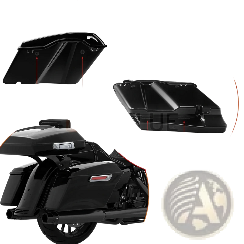 Black hard-shell harley touring saddlebag showing back side with support grommets and vibration cushions 1993 up