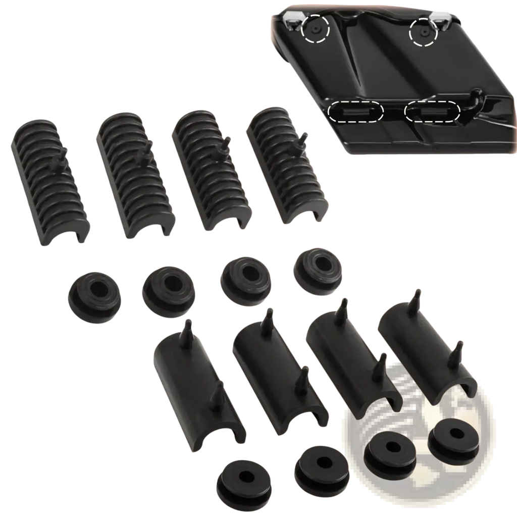 Black plastic motorcycle handlebar end caps and mounting hardware set by fovplue for harley touring saddlebag support grommet kit