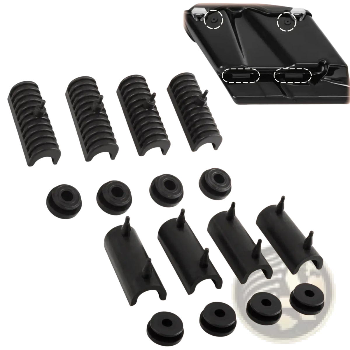 Black plastic motorcycle handlebar end caps and mounting hardware set by fovplue for harley touring saddlebag support grommet kit