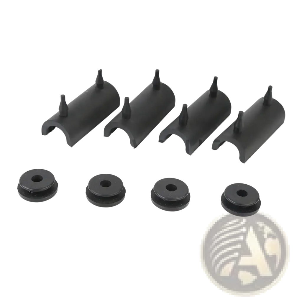 Set of four black rubber Harley touring saddlebag support grommets with integrated spikes and matching washers
