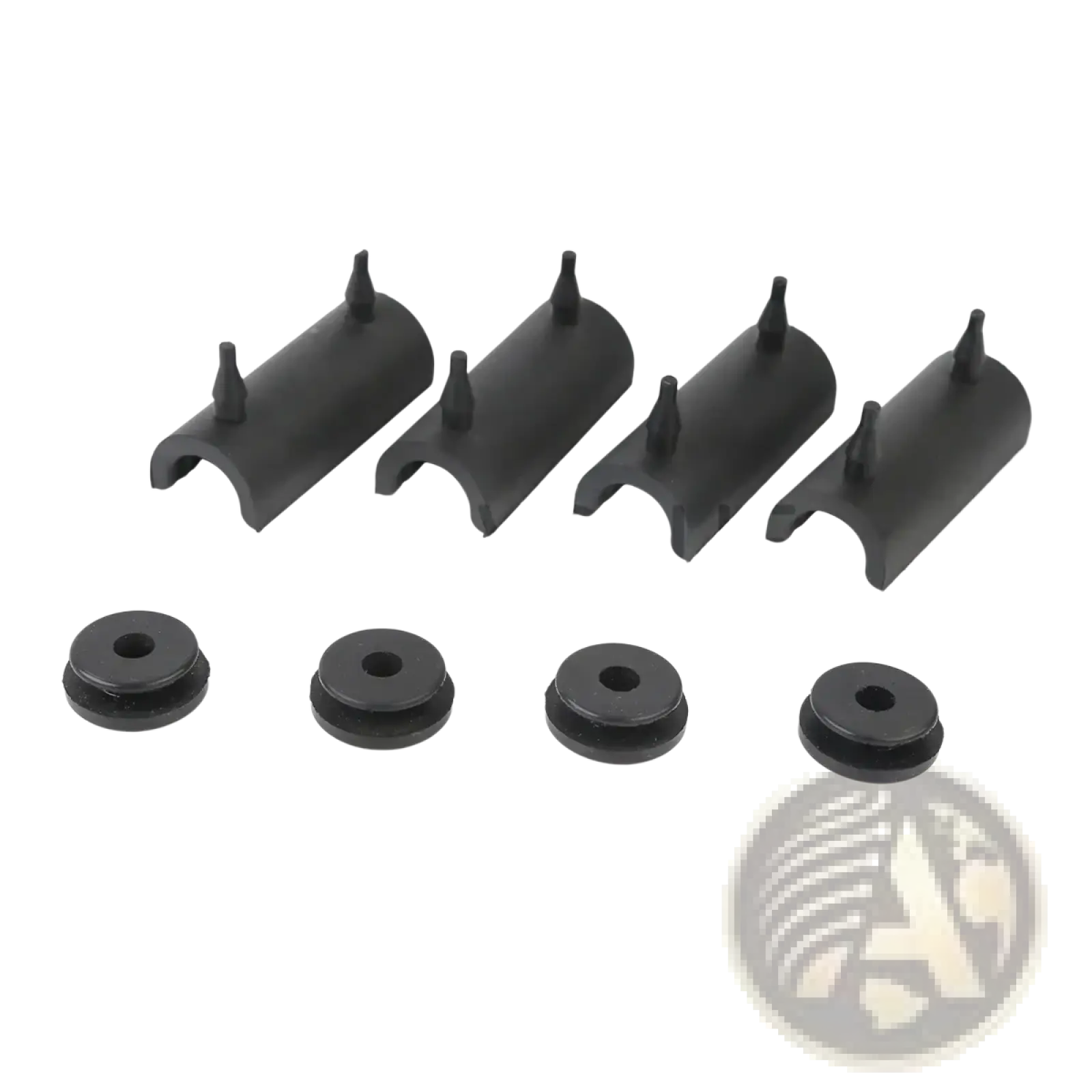 Set of four black rubber Harley touring saddlebag support grommets with integrated spikes and matching washers