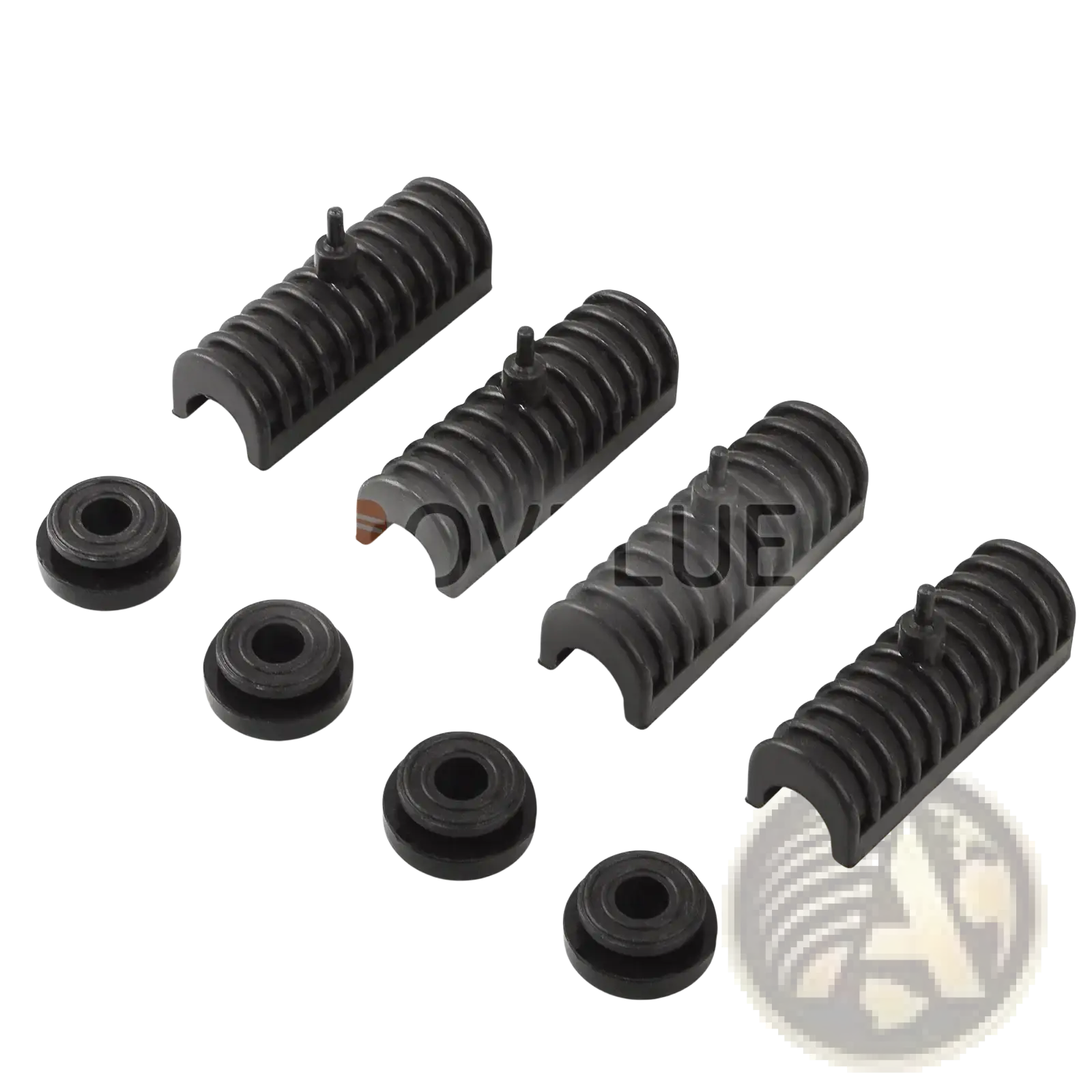 Set of four black plastic radiator hose clamps with ribbed texture and matching grommets for harley touring saddlebag support kit 1993 up