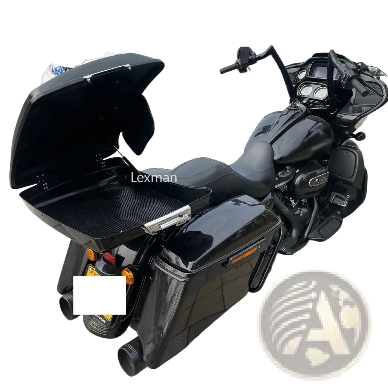 Black harley-davidson touring motorcycle with glossy finish and open rear storage box showing trunk support rod back side