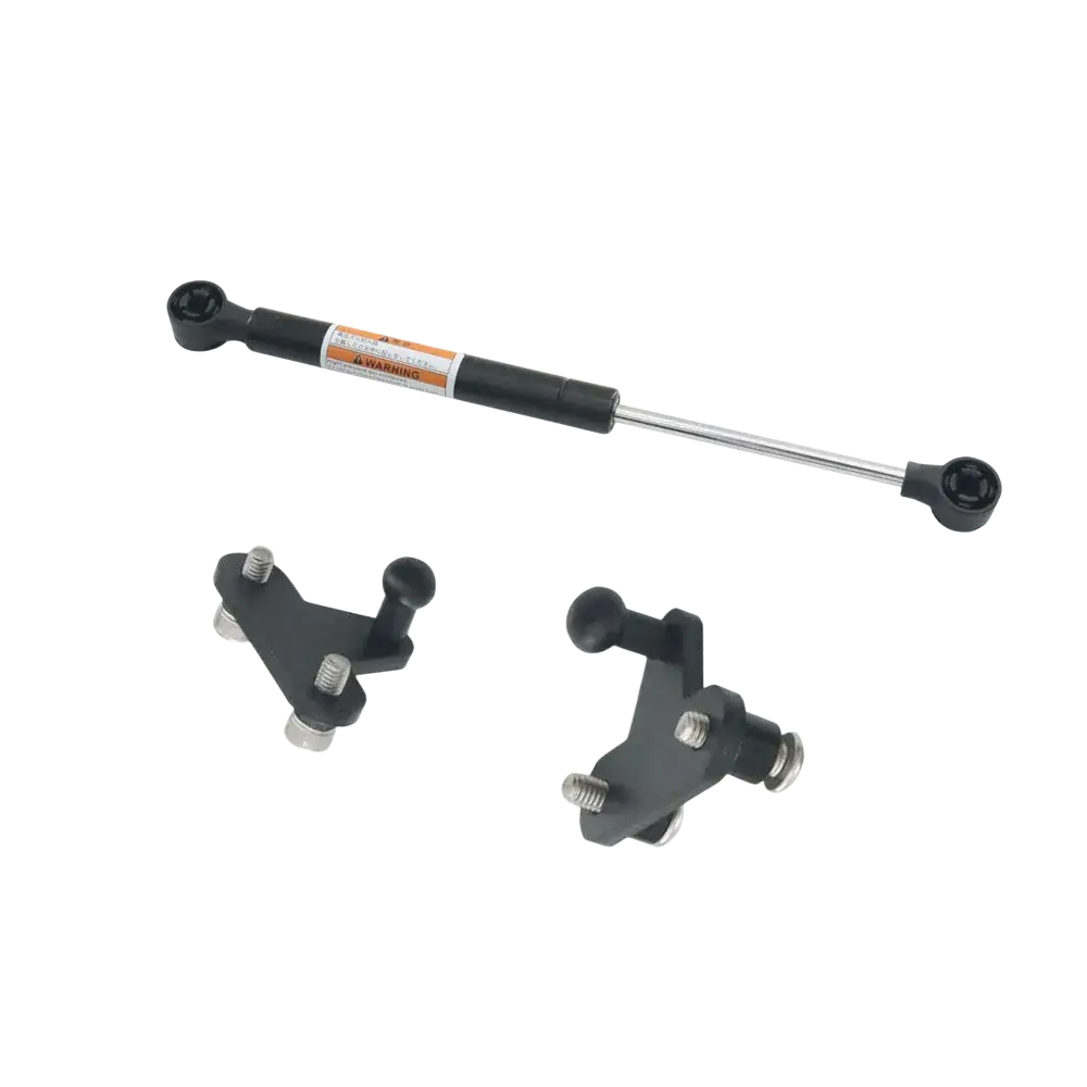 Black gas spring with chrome rod and black mounting brackets for Harley touring trunk support rod 2014-2023 back side
