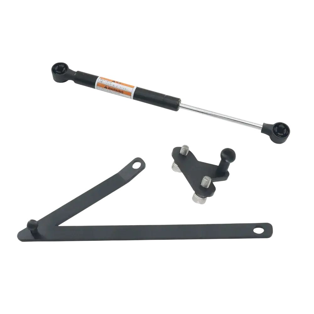 Black gas spring with chrome piston rod and mounting brackets for Harley Touring trunk support rod 2014 to 2023