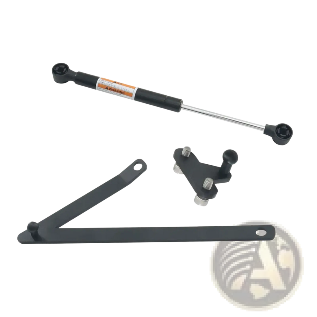Black gas spring with chrome piston rod and mounting brackets for Harley Touring trunk support rod 2014 to 2023