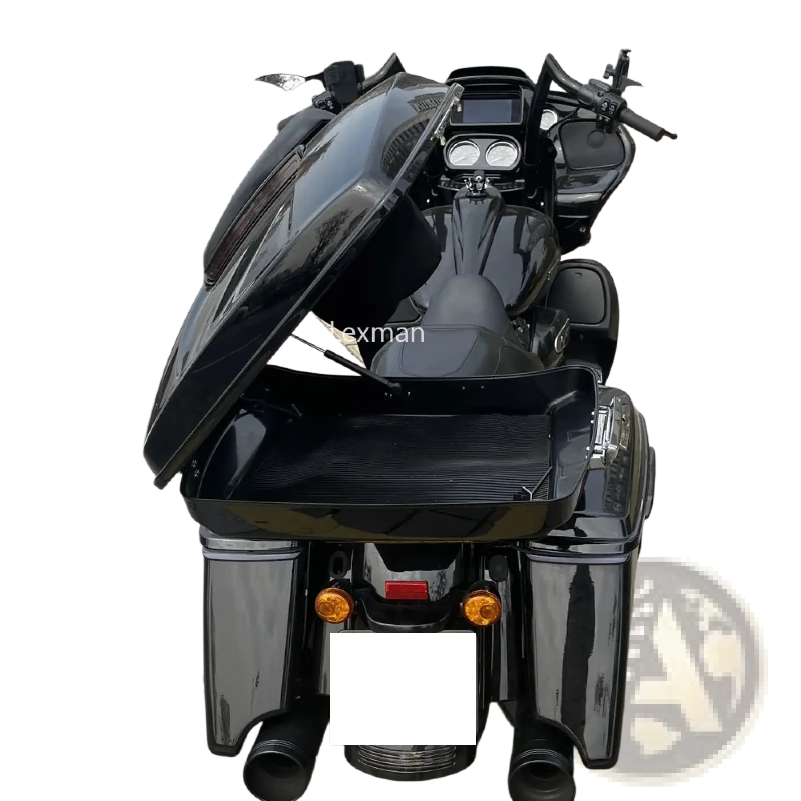 Black glossy Harley touring trike motorcycle with chrome accents featuring trunk support rod 2014-2023 back side view