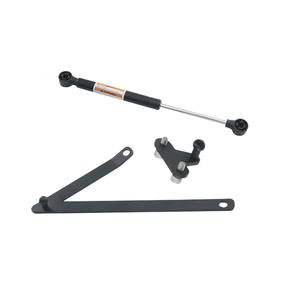 Black metal Harley touring trunk support rod with silver piston and black spherical ends with mounting brackets 2014-2023