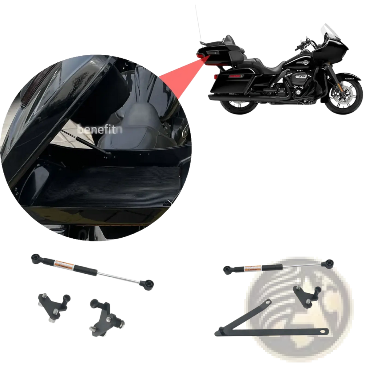 Black metal trunk support rod for harley touring models 2014-2023 shown from the back side
