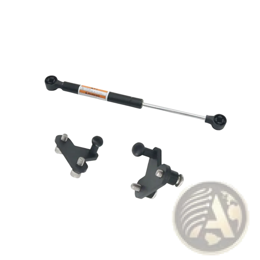 Black king pack trunk-support rod with silver metal ends and gas spring for Harley touring trunks 2014-2023 backside view