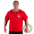 Red short-sleeved cotton Hasidic Gym graphic mens training t shirt with a white logo featuring a muscular figure