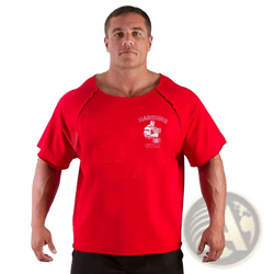 Red short-sleeved cotton Hasidic Gym graphic mens training t shirt with a white logo featuring a muscular figure