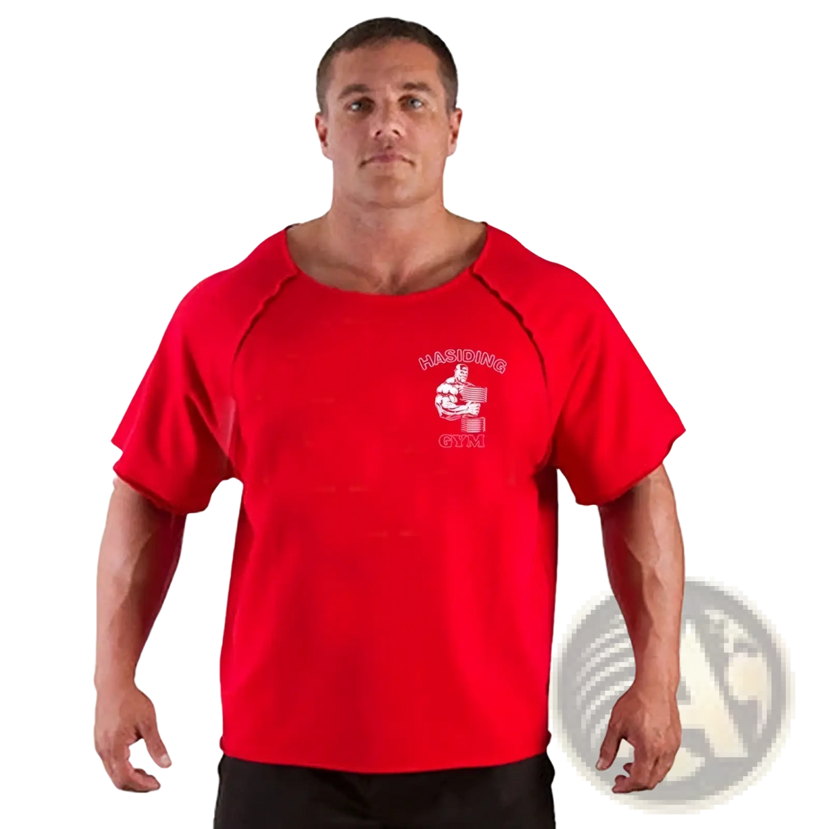 Red short-sleeved cotton Hasidic Gym graphic mens training t shirt with a white logo featuring a muscular figure
