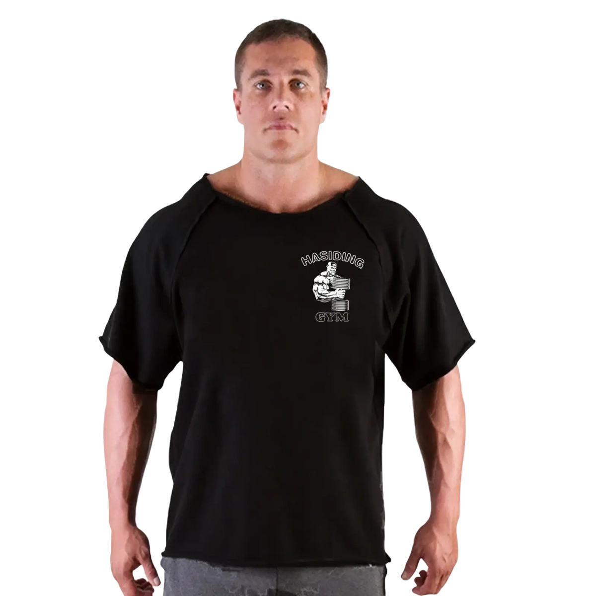 Black short-sleeved cotton t shirt with white Hasidic Gym logo featuring muscular figure lifting weights