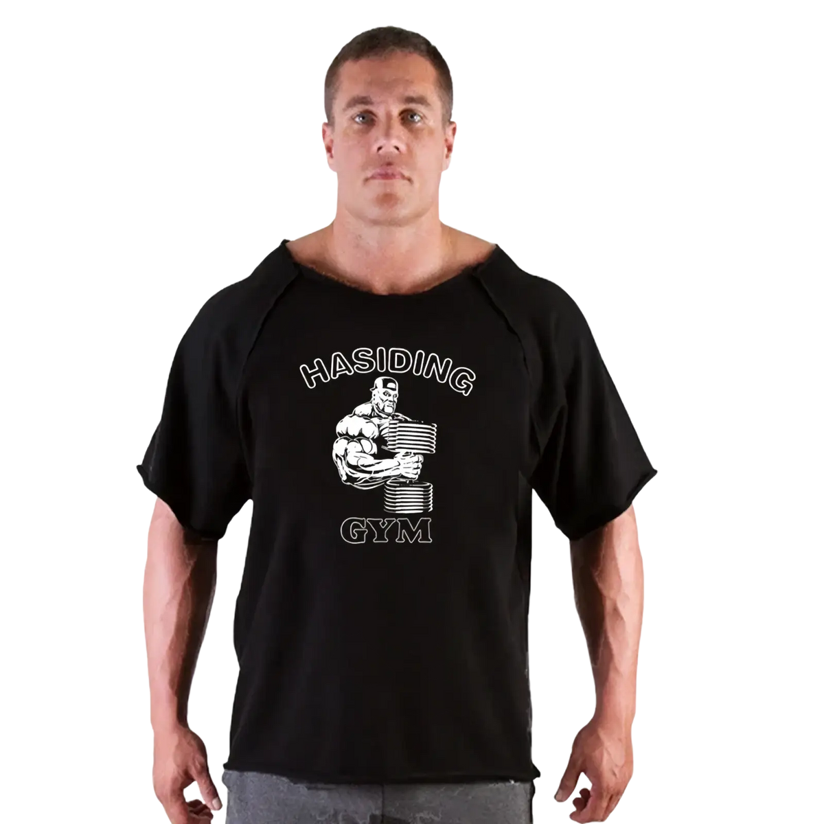 Black cotton mens short-sleeved t shirt with hasidic gym graphic featuring a muscular man holding weight plates