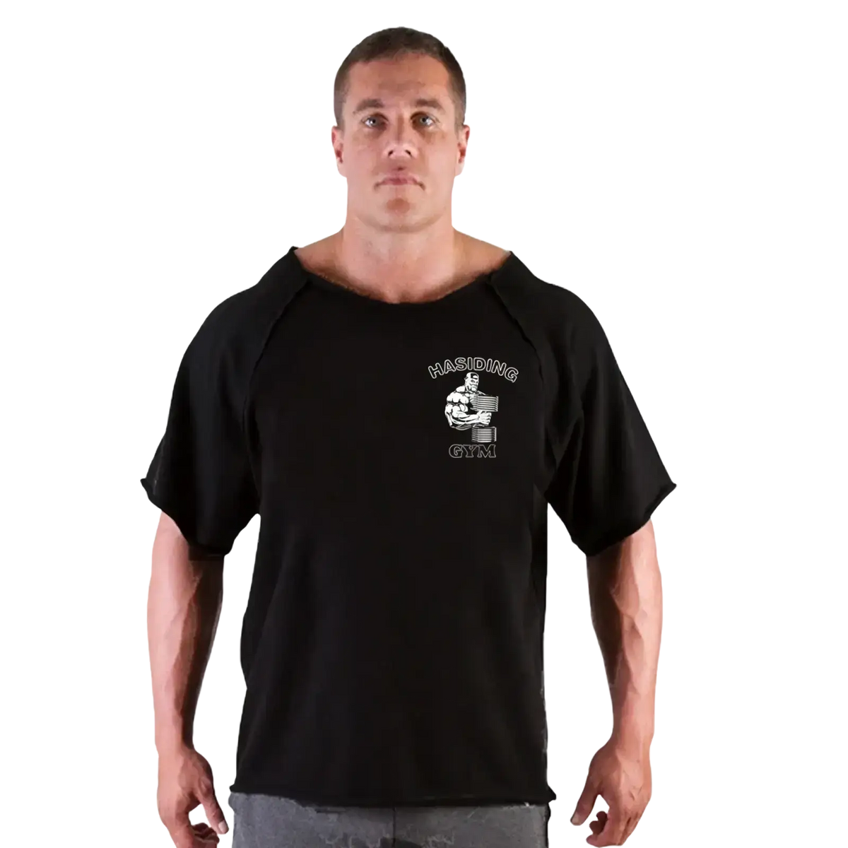 Black short-sleeved cotton training t shirt with hasidic gym logo and muscular figure gym graphic on the chest