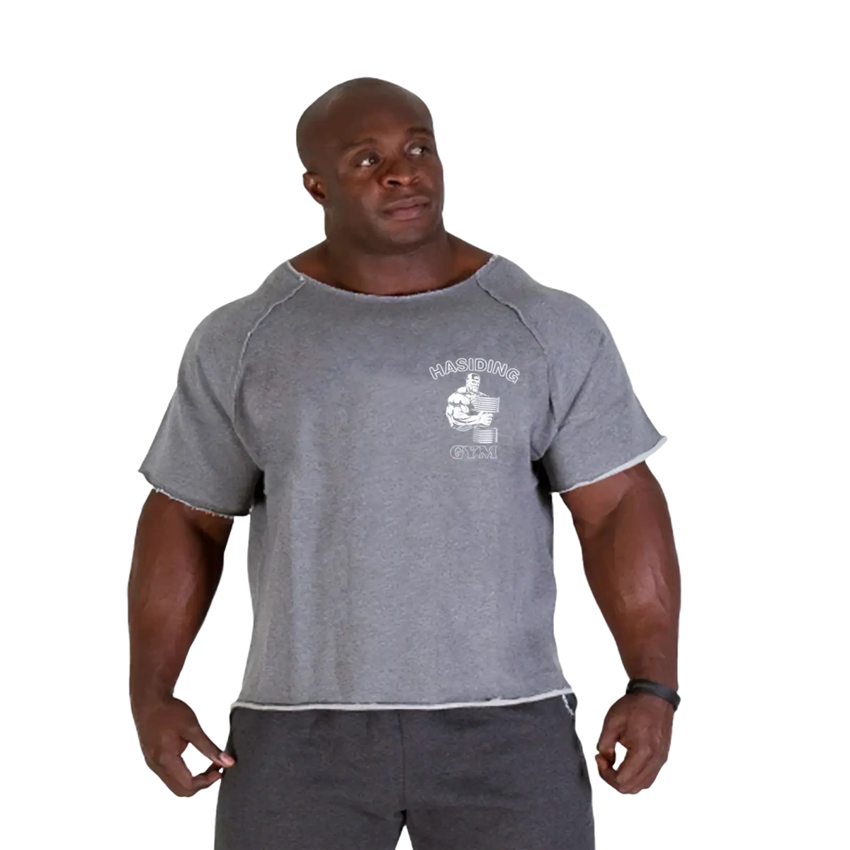 Gray heathered cotton short-sleeved t shirt with frayed hem and raglan sleeves featuring white hansing gym logo on chest