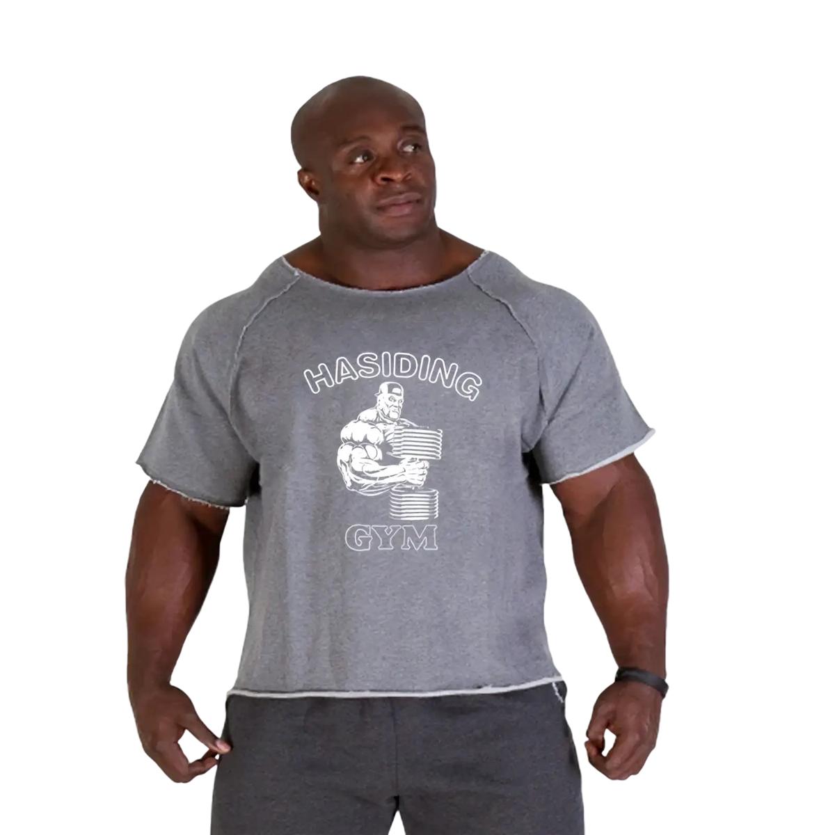Gray heathered cotton short-sleeved t shirt with white hasidic gym graphic and muscular figure design for training