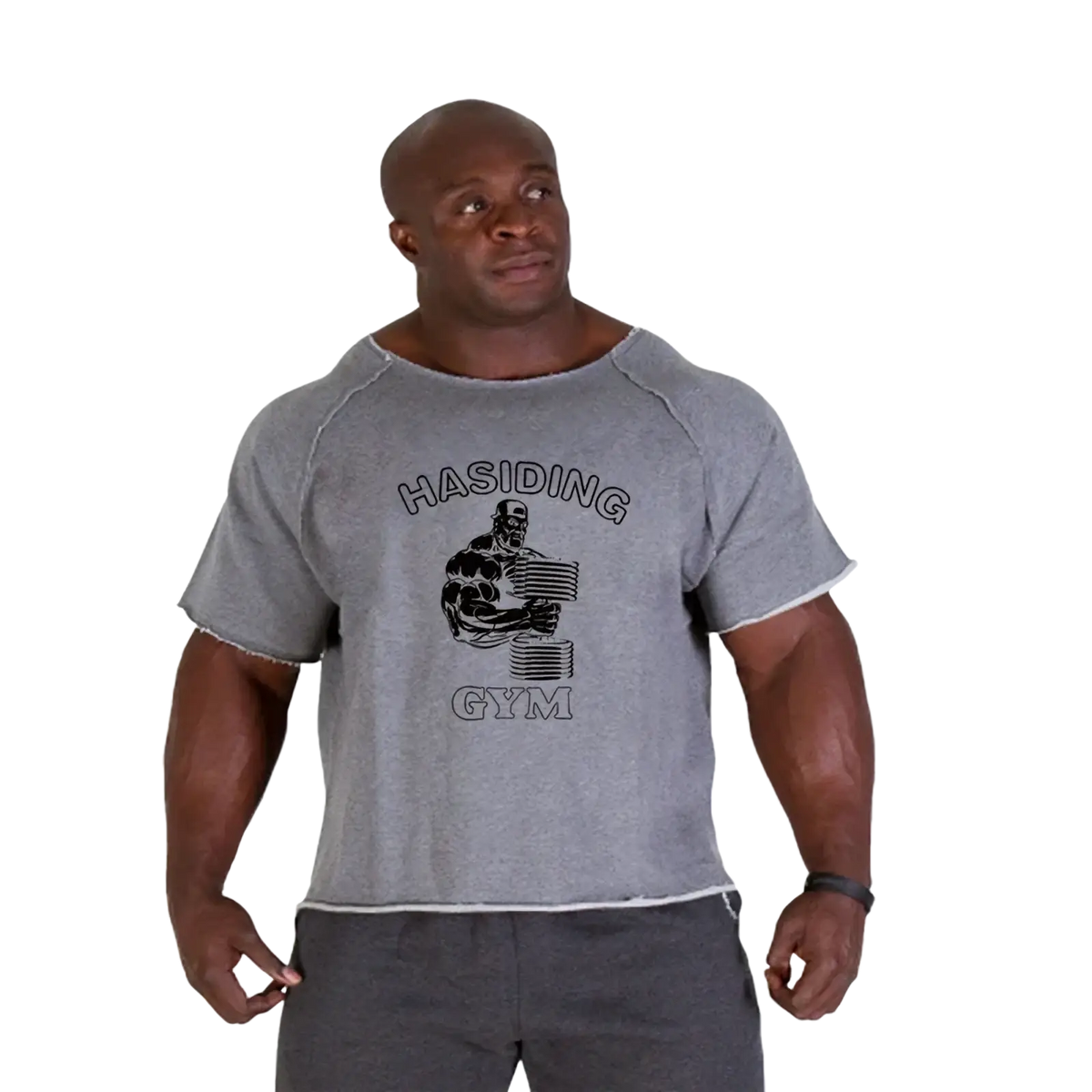 Gray heathered cotton Hasidic gym graphic mens short-sleeved training t shirt with muscular figure print