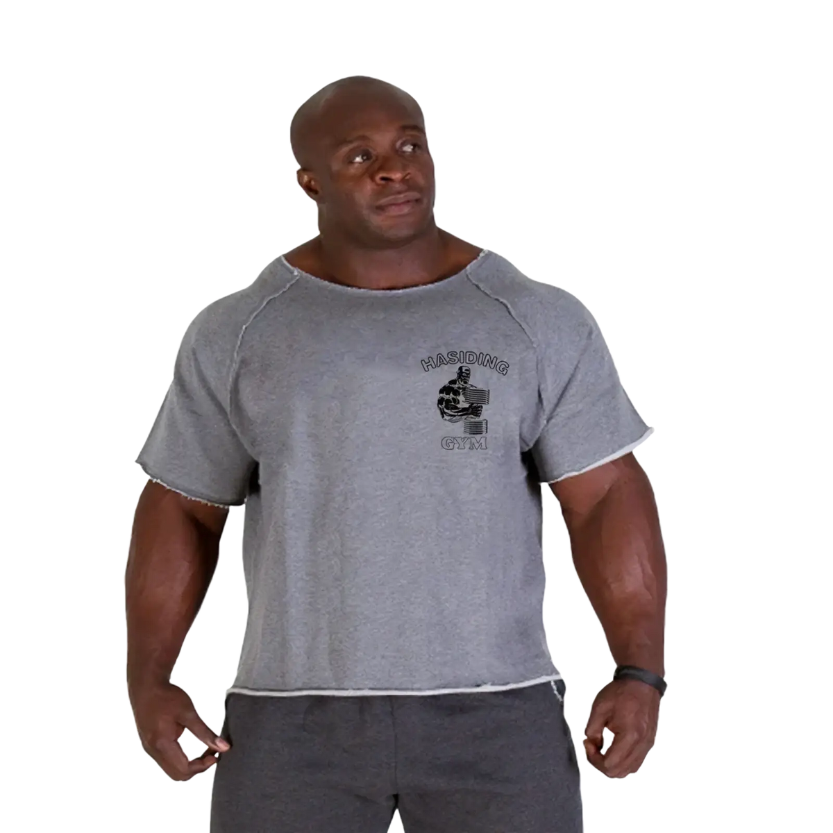 Gray cotton short-sleeved training t-shirt with hasidic gym graphic and frayed hem details for men
