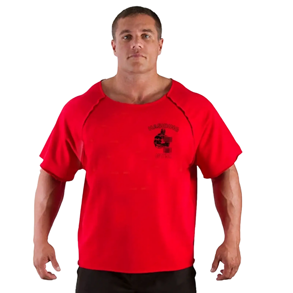Red cotton men’s athletic t-shirt with black graphic design on chest for training and gym use hasidic gym graphic
