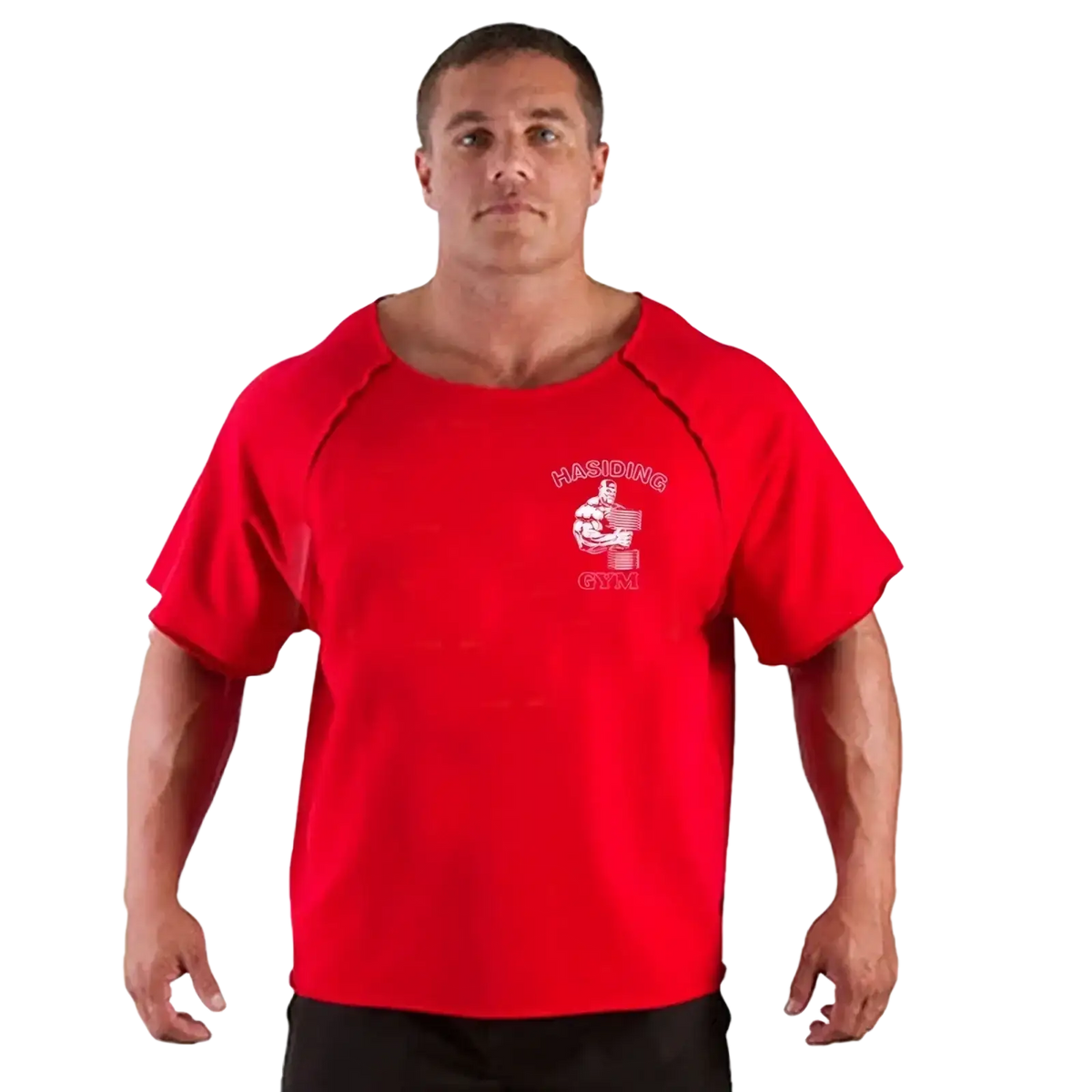 Red cotton training t shirt featuring a white hasidic gym gym graphic with a muscular figure for men