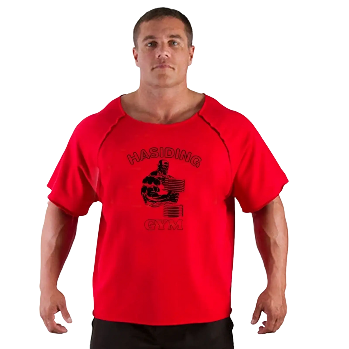 Red cotton mens training t shirt with black Hasidic Gym graphic of muscular figure lifting weights