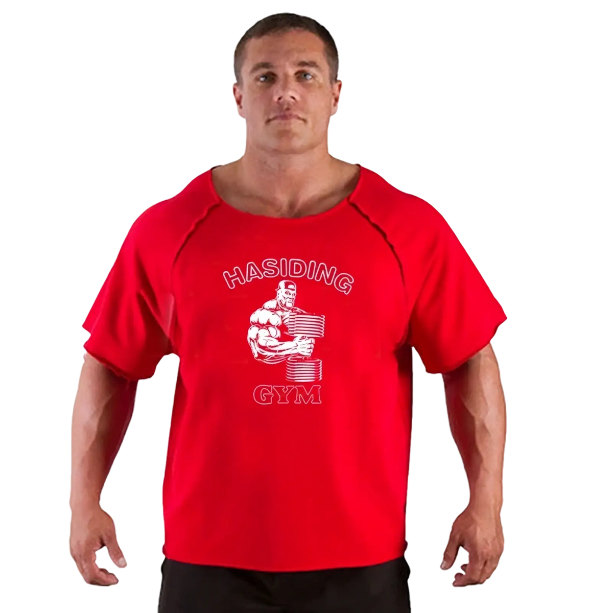 Red cotton mens short-sleeved training t shirt with white Hasidic Gym graphic of muscular figure holding weights