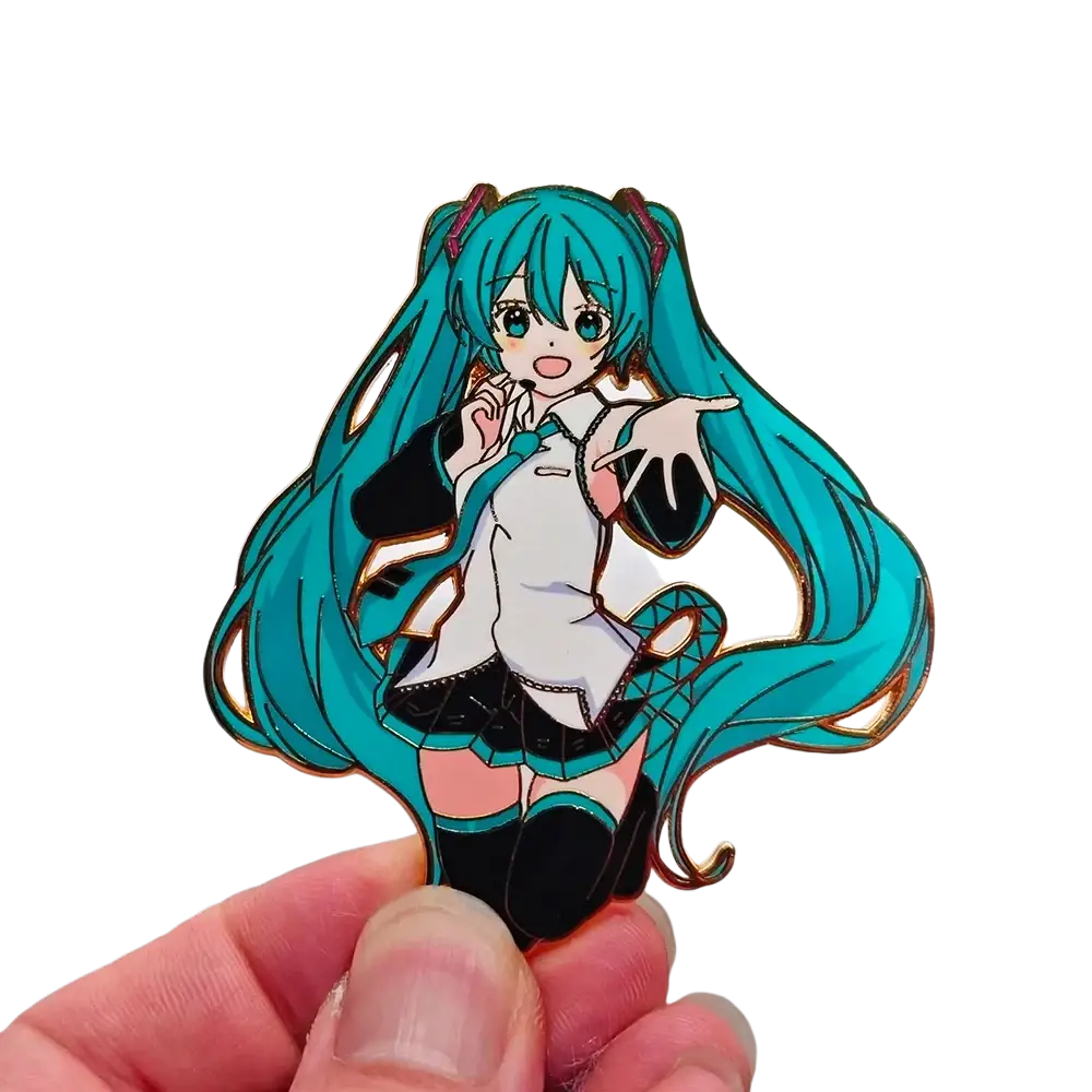 A turquoise-haired Hatsune Miku anime enamel pin with black and white outfit details metal badge