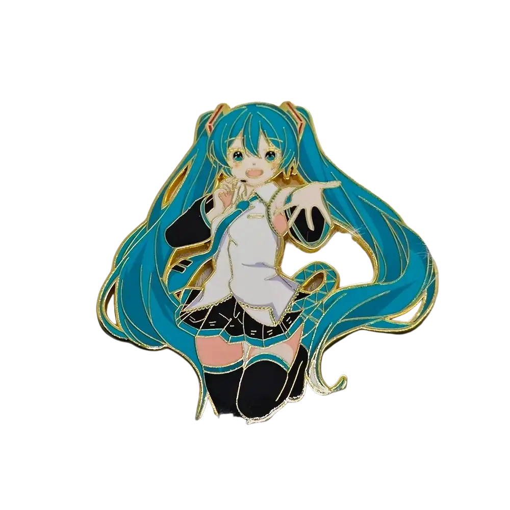 Hatsune Miku anime enamel pin featuring vibrant blue hair gold trim white outfit with black skirt and stockings accents