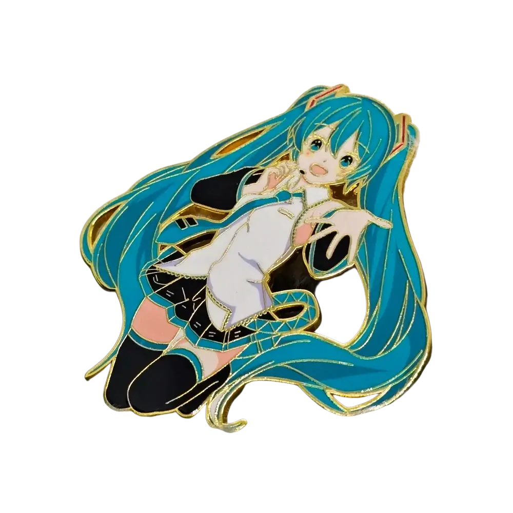 A vibrant turquoise and gold enamel pin metal badge featuring Hatsune Miku in her signature outfit