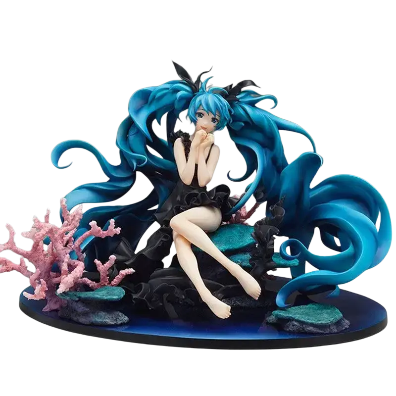 A detailed hatsune miku figma deep sea girl pvc figure with blue hair and black accessories seated on rocky base with coral