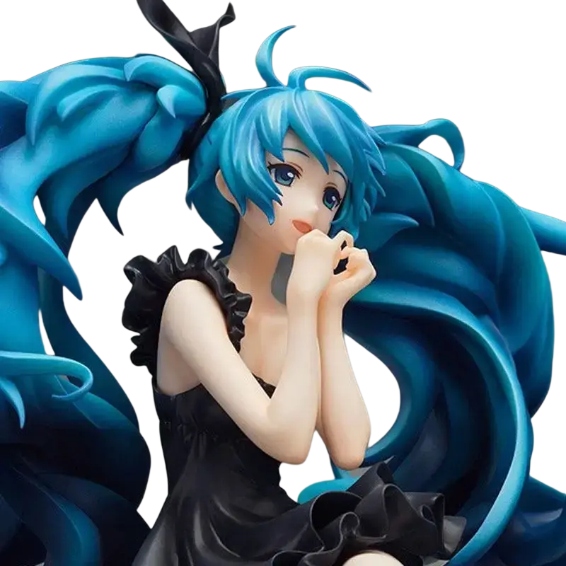 A detailed blue-haired hatsune miku figma deep sea girl pvc figure in a black ruffled dress as finished goods