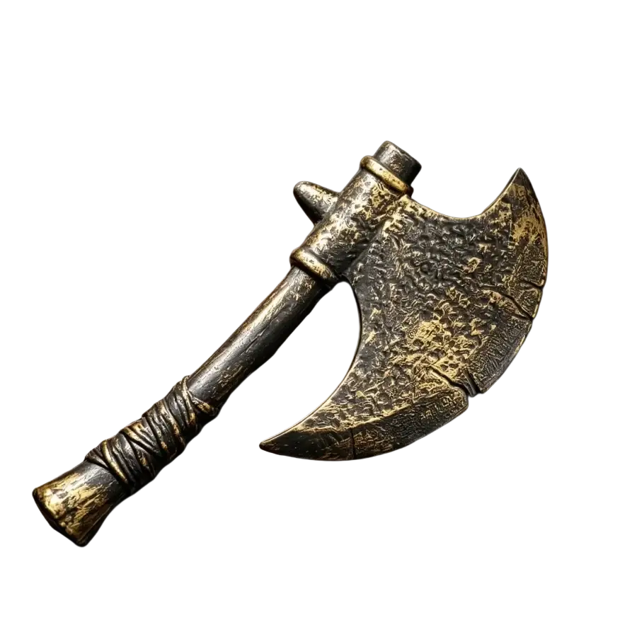 Antique-style axe with weathered bronze blade and handle featuring engraved patterns unsharpened plastic for halloween haunted house costume