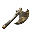 Antique-style brass unsharpened plastic axe with textured weathered blade and wrapped handle for halloween haunted house costume