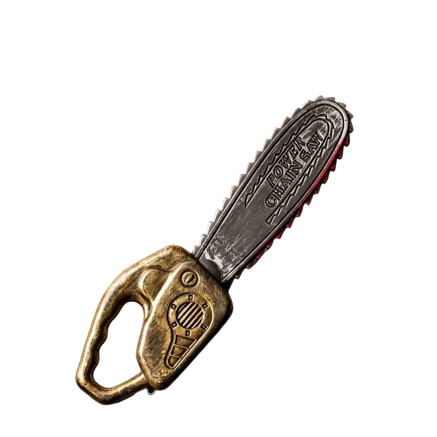 A gold-colored vintage-style power chain saw toy with a black and red blade made of unsharpened plastic for haunted house costume use