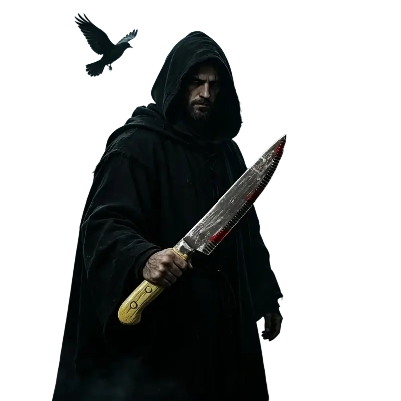 A menacing oversized unsharpened plastic kitchen knife with a red serrated blade and yellow wooden handle for halloween haunted house costumes
