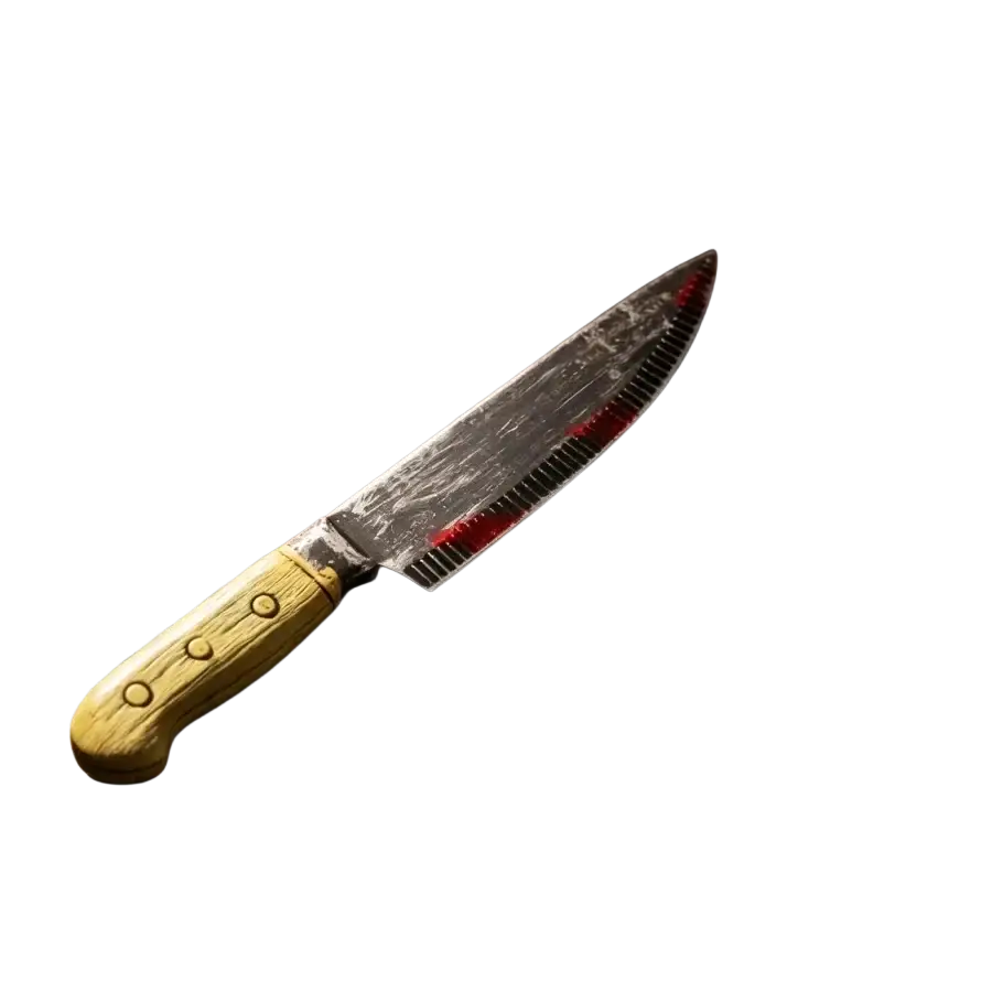 A rustic wooden-handled unsharpened plastic knife with serrated metallic blade and red streaks for halloween haunted house costume