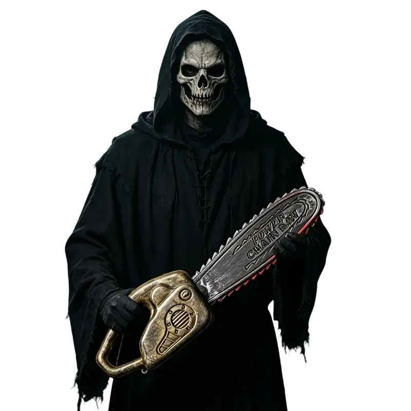 A menacing skeletal figure in a tattered black hooded robe holds a gold and silver chainsaw with red accents unsharpened plastic weapon for halloween haunted house costume