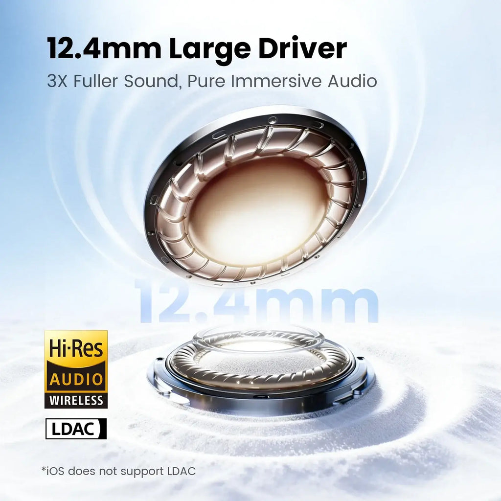 Large 12.4mm driver speaker with metallic silver frame and copper cone in haylou flowbuds n55 wireless earbuds for improved battery life and charging case convenience