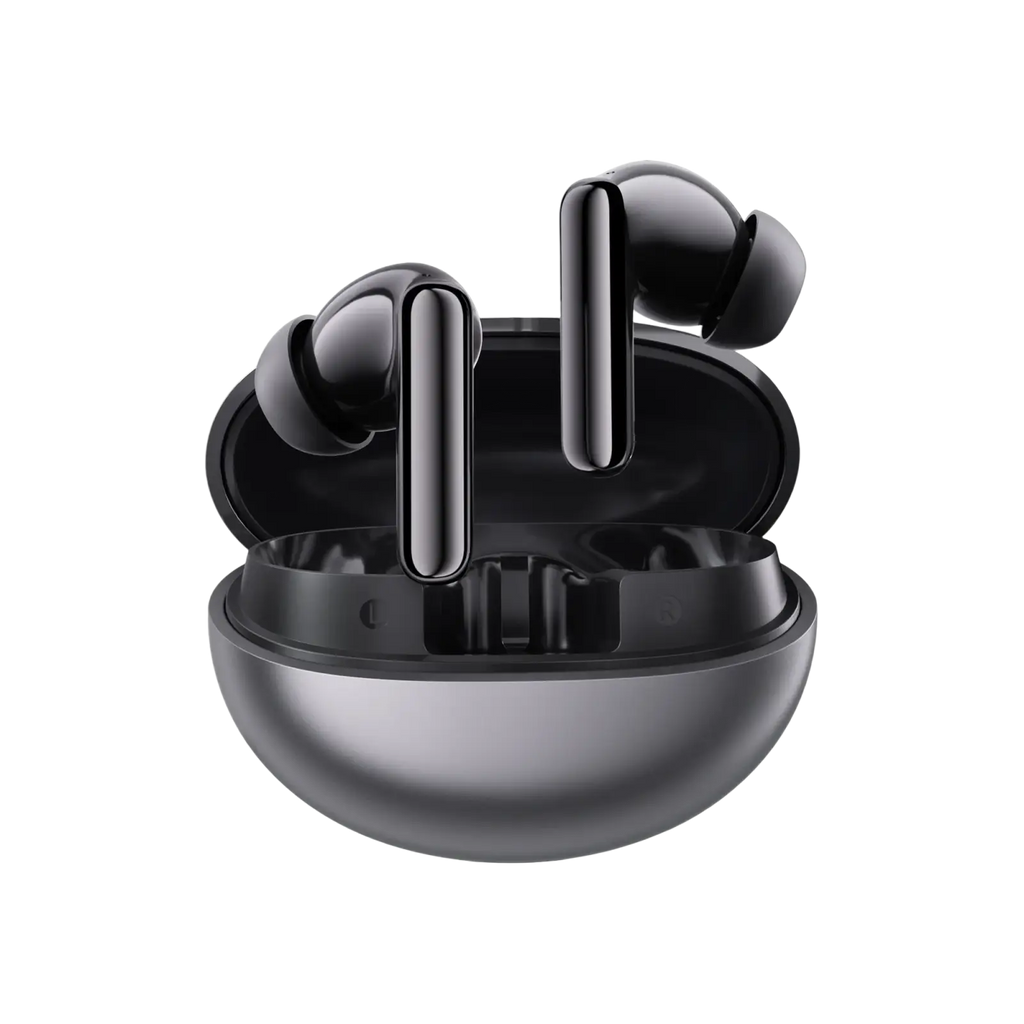 Black haylou flowbuds n55 wireless earbuds with glossy finish in matching oval charging case showcasing battery life features