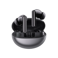 Black haylou flowbuds n55 wireless earbuds with glossy finish in matching oval charging case showcasing battery life features