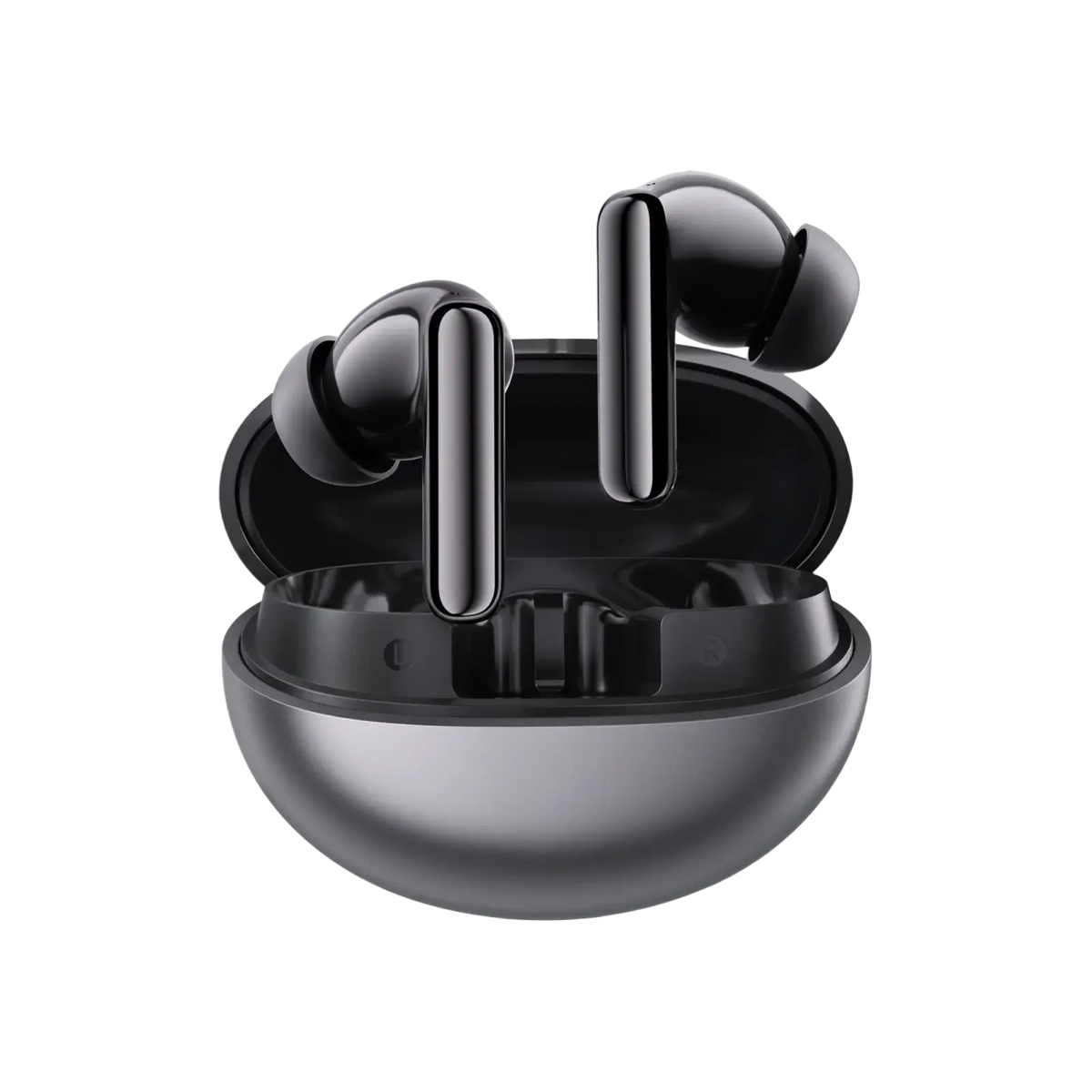Black haylou flowbuds n55 wireless earbuds with glossy finish in matching oval charging case showcasing battery life features
