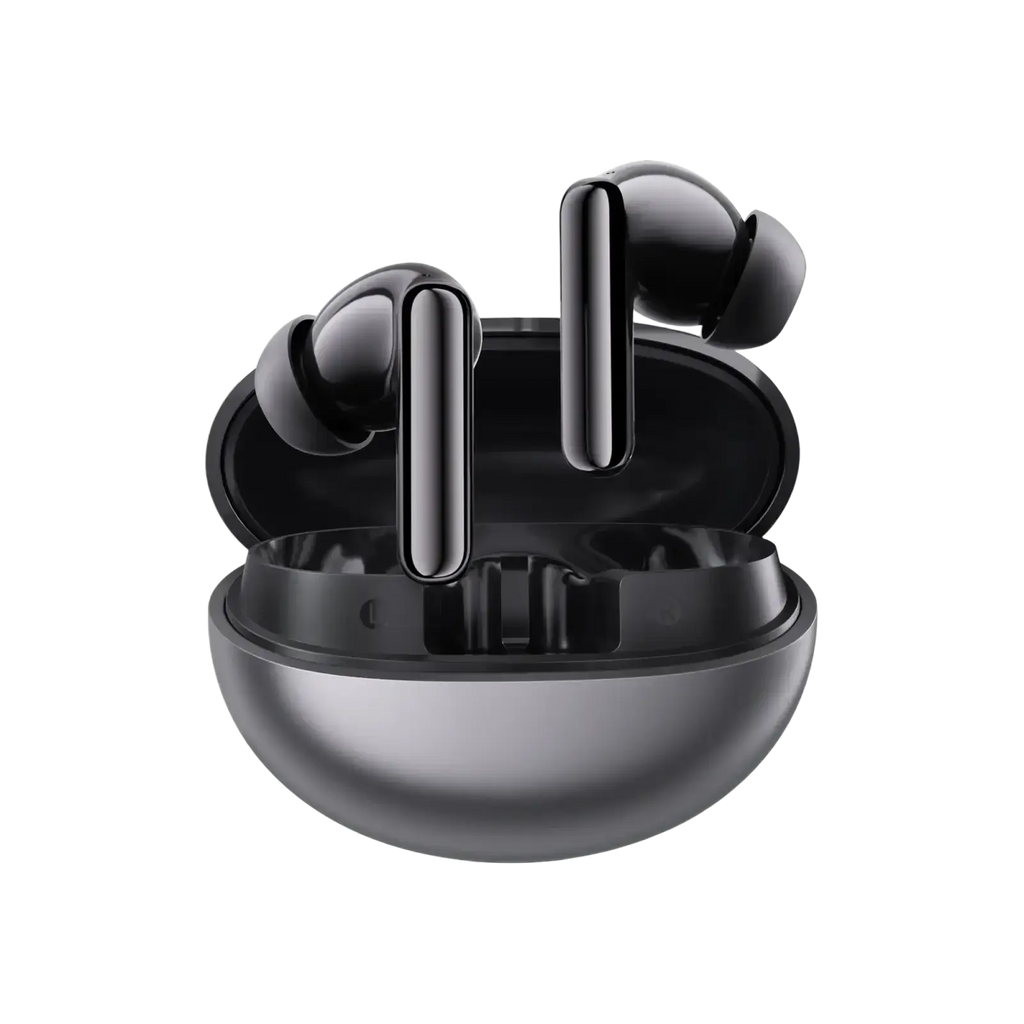 Black haylou flowbuds n55 wireless earbuds with sleek glossy finish in a matte black charging case with long battery life