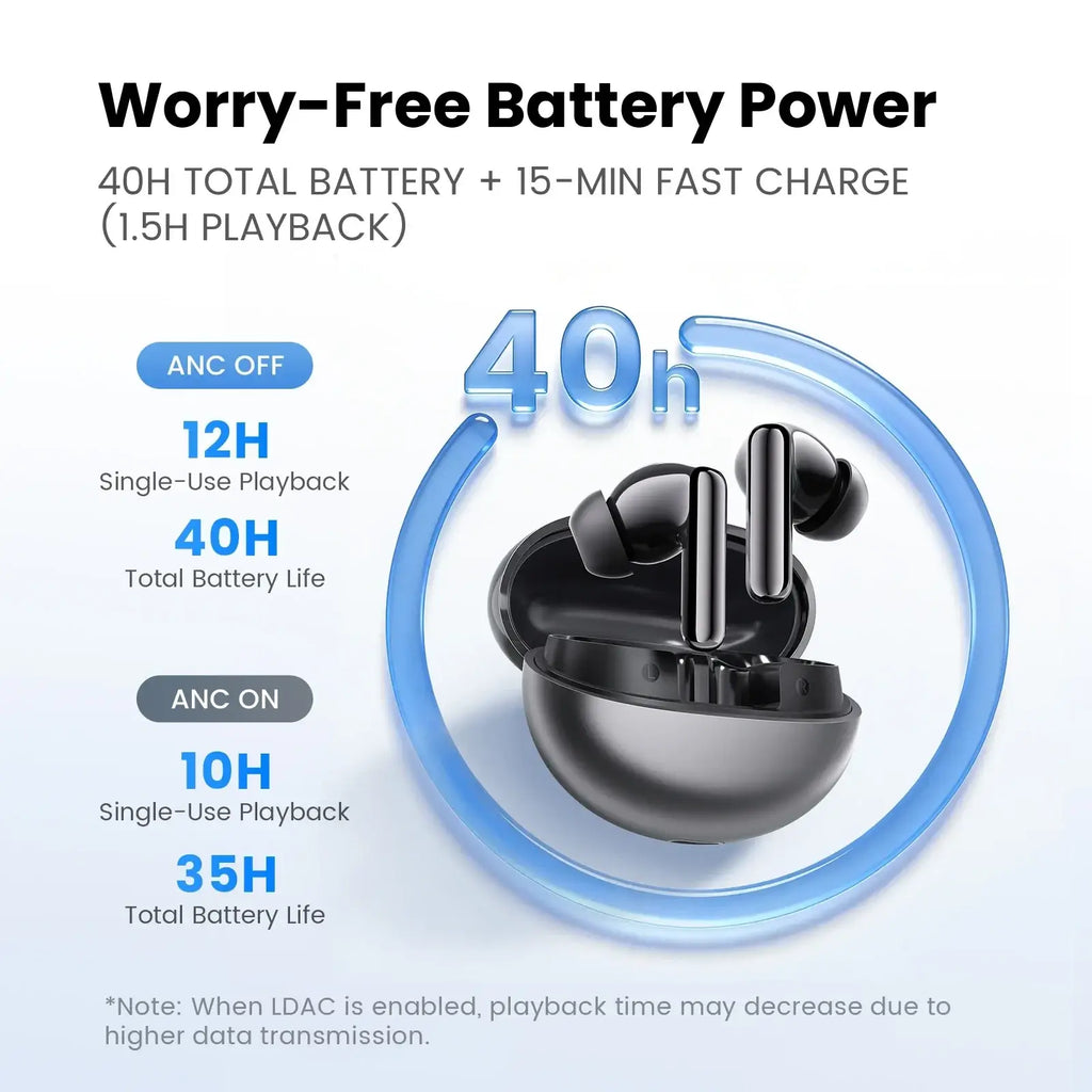 Black haylou flowbuds n55 wireless earbuds with sleek glossy finish and charging case offering long battery life