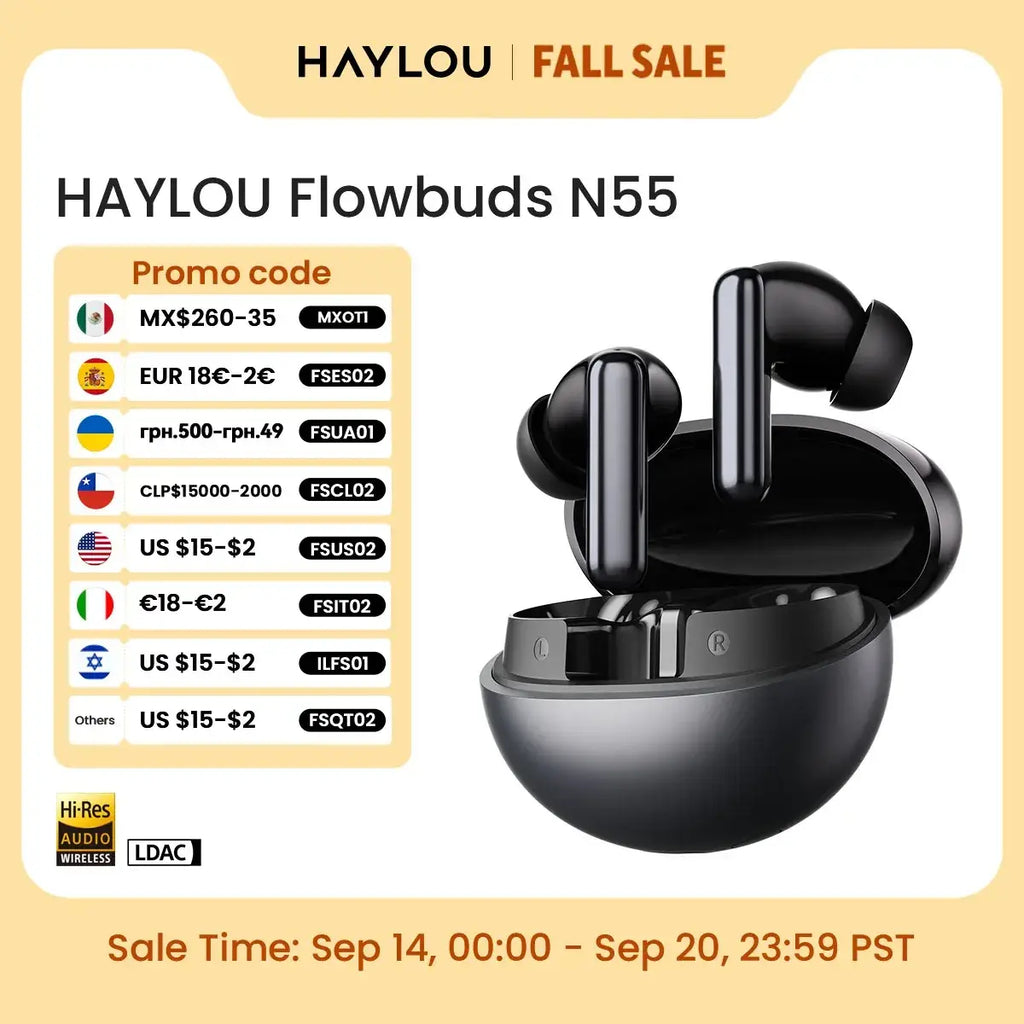 Black haylou flowbuds n55 wireless earbuds with anc ldac in a sleek glossy charging case showcasing extended battery life